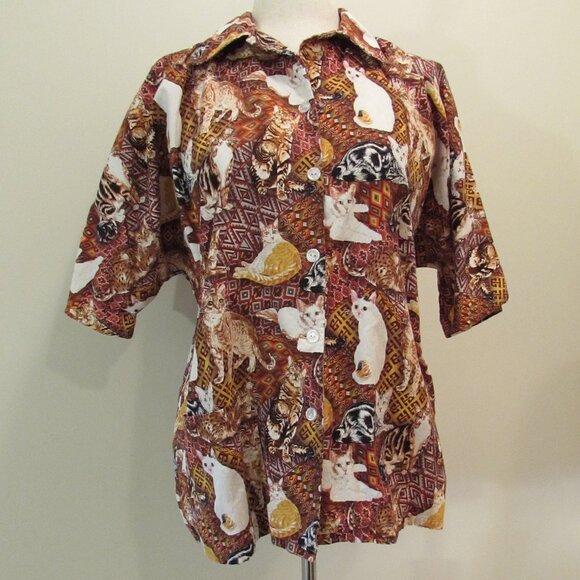 HandMade Cotton Cat Print ♥ Relaxed Button Down Shirt XL/XXL - Picture 1 of 16
